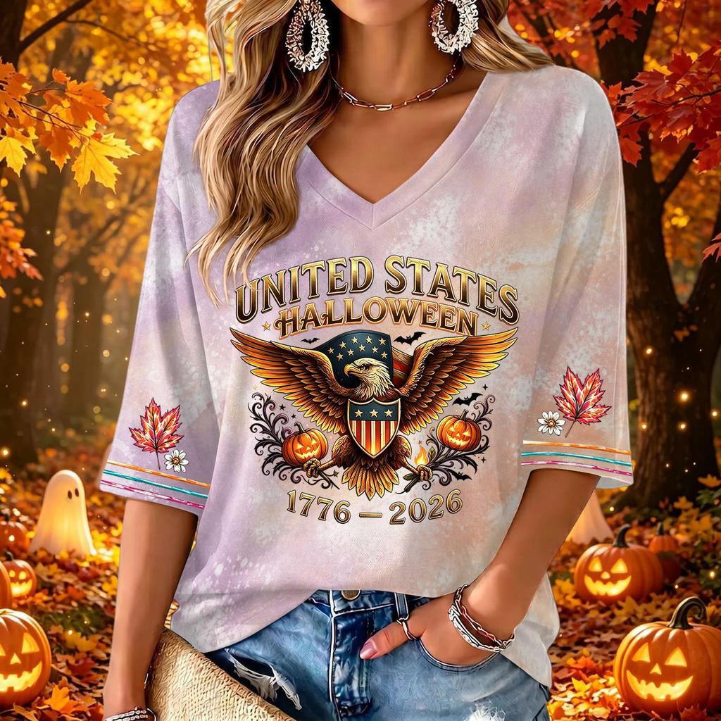 Women's Stylish V-Neck Halloween Print Three-Quarter Sleeve Casual Top for Party