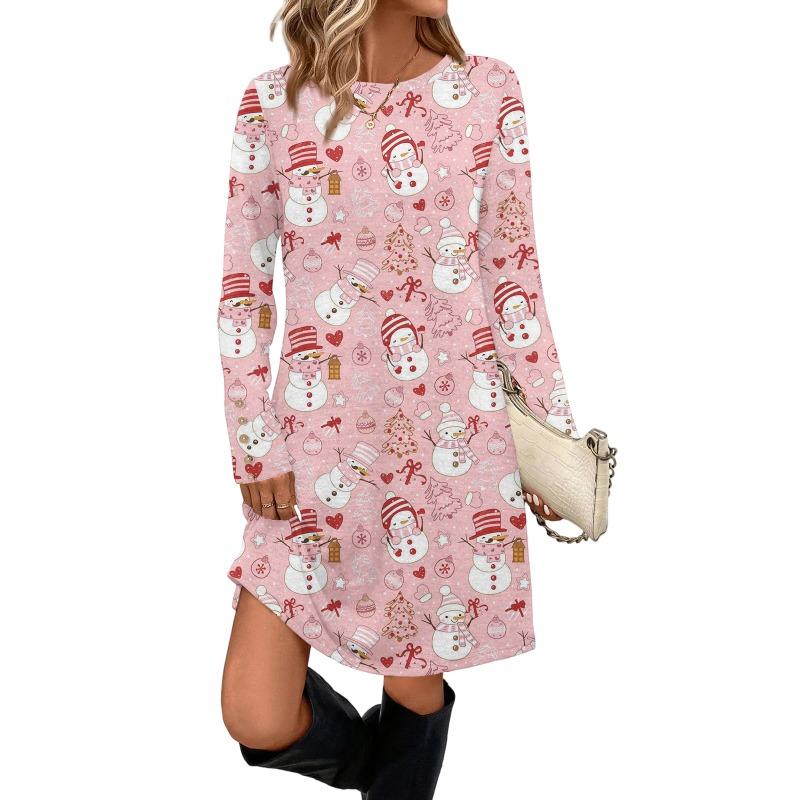 Women'S Dress Christmas Long-Sleeved Dresses Printed Round Neck Fashion Casual Dresses Pockets Decorative Buttons Autumn Winter