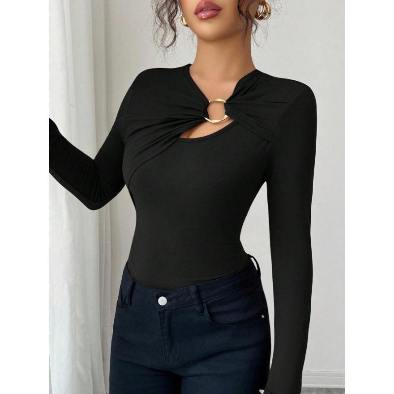 2025 Autumn and Winter New Fashion Hollow Simple Solid Color Versatile Women's Tops