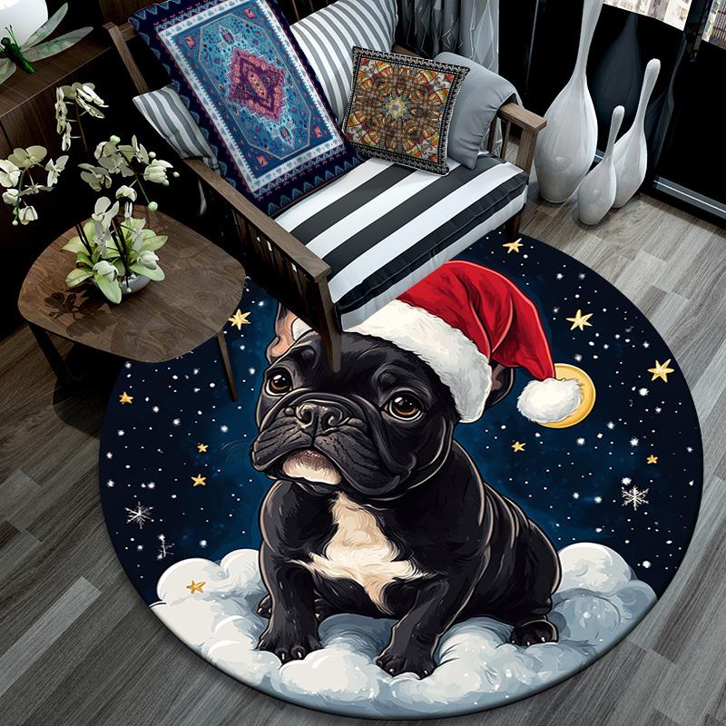Christmas French Bulldog Round Area Rug,Carpet Rug for Living Room Bedroom Sofa Playroom Decor,Non-slip Floor Mat