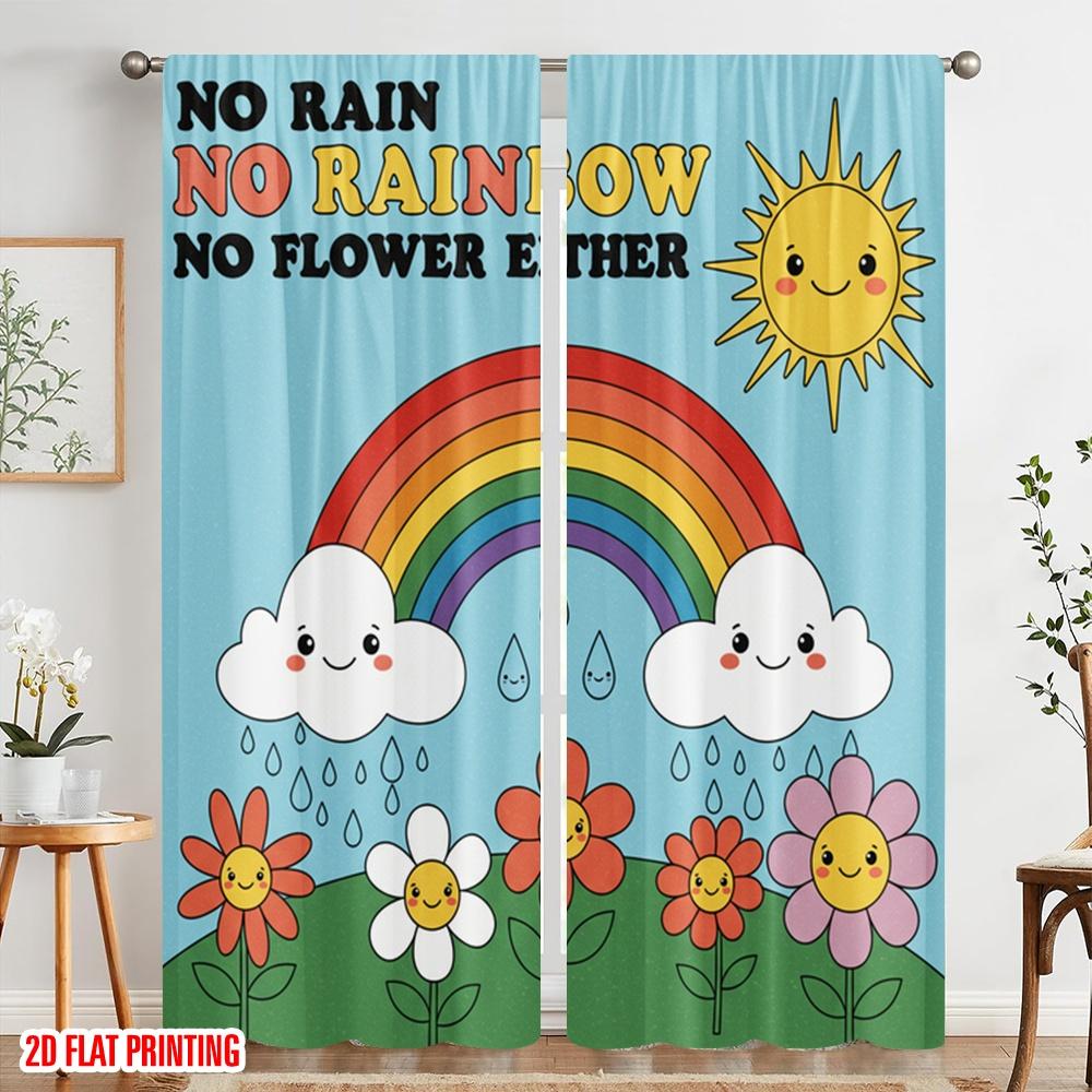 2pcs 2D Flat Printing Party Curtain Rainbow Flower Sun Clouds Fabric Without Electricity Festive Wall Decor Perfect for Gold