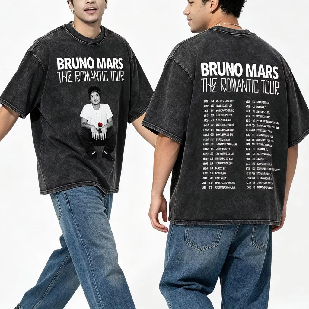 Vintage Bruno Mars Romantic Tour Graphic Summer Casual Women's Tshirt Unisex Tee Top Men's Cotton Short Sleeve Washed T shirt