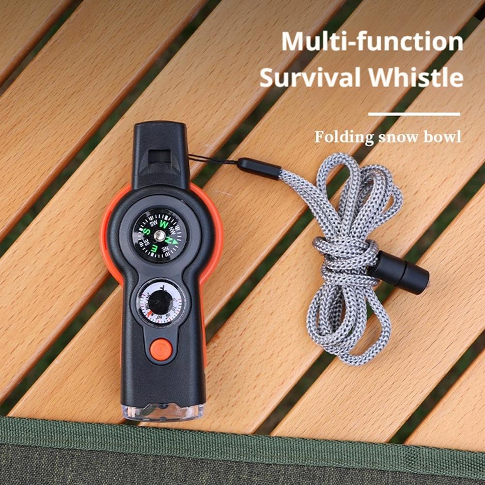 Pfeife Outdoor Survival Notfallwerkzeuge 7 in 1 Multifunktionale LED-Licht Camping Wandern Pfeife Kompass Thermometer Lupe