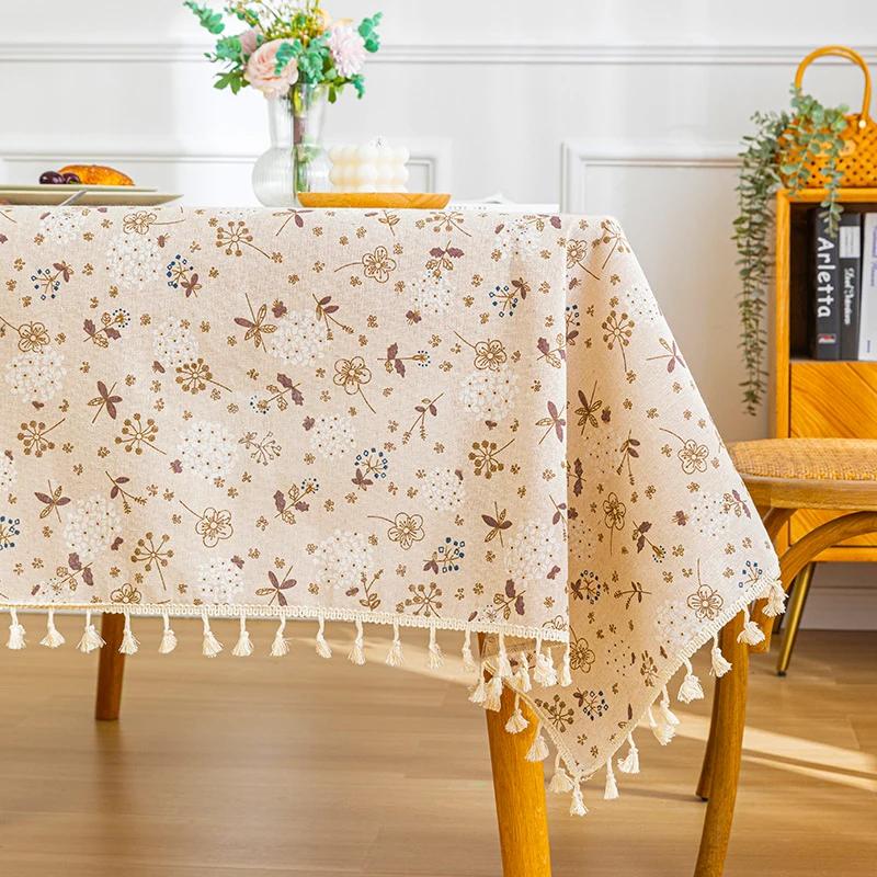 Blue Tablecloths Bohemian Floral Fabric Tassel Rectangle Dust-Proof for Home Decoration Kitchen Holiday Party Dining Table Cover