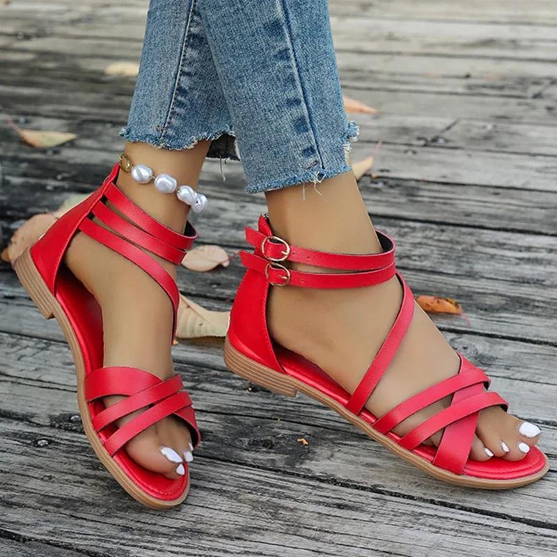 Fashion Women Flat Sandals Summer Plus Size Gladiator Sandals Women Shoes Zipper Flat Heels Sandals Woman Outdoor Non Slip Casual Sandle