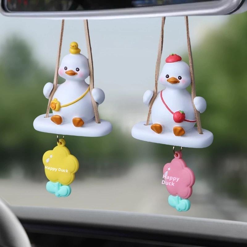 Cute Anime Car Accessory Swing Duck Pendant Auto Rearview Mirror Ornaments Birthday Gift Couple Accessories