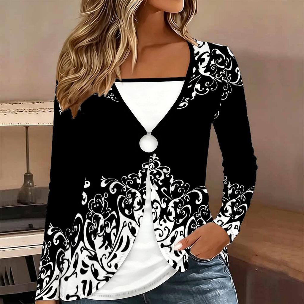 Tops for Women Geometric Pattern Long Sleeve Fake Two‑Piece Top Fall Casual Slim Pullover Women's Long Sleeve Top
