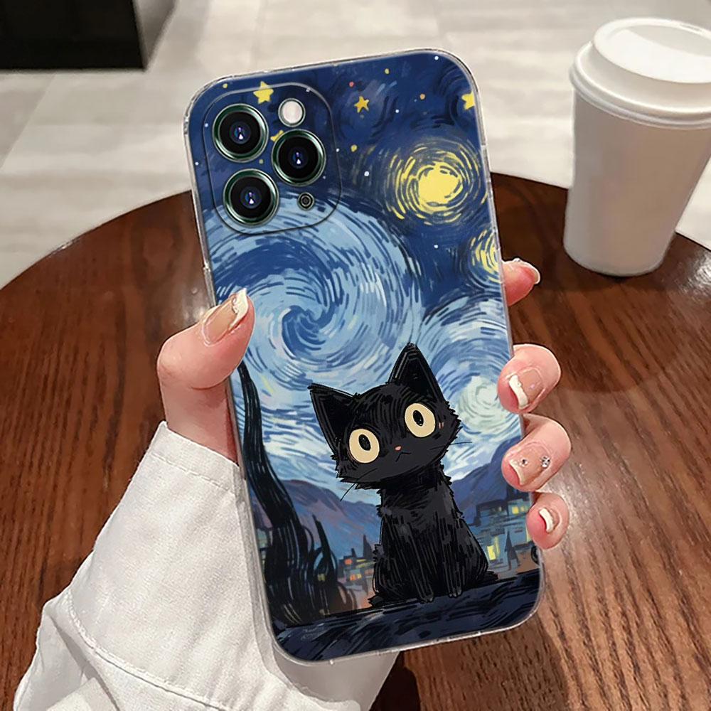 Retro Oil Painting Starry Sky Cat Case For Apple iPhone 17 16 15 14 13 12 11 Pro Max 16 Plus 16E 17Air 17Pro Phone Cover Funda