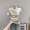 Blue Spice Girl Style Sexy Pile Collar Irregular Pinch Waist Top Design Sense Pure Wind Short Sleeve T-Shirt Women