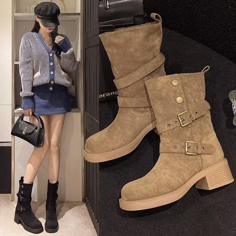 Retro Herbst Neu Western Cowboy Stiefel Ödland Stil Maillard Dicksohlig Dickabsatz Mittleres Rohr Martin Stiefel Zwei Tragevarianten Kurze Stiefel Damen