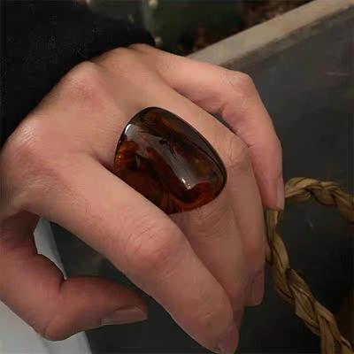 Women's Ring, Men's Ring, Maillard Amber Acrylic Resin Ring, Geometric Retro Personality, Niche Design, High-end Feel, Index Finger Ring