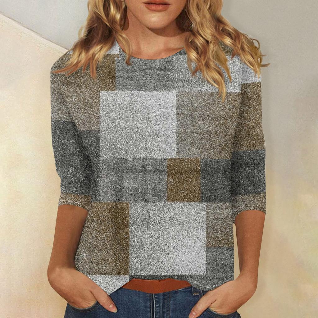Women's Fashion Casual Three-quarter Sleeve  Printed Round Neck Top