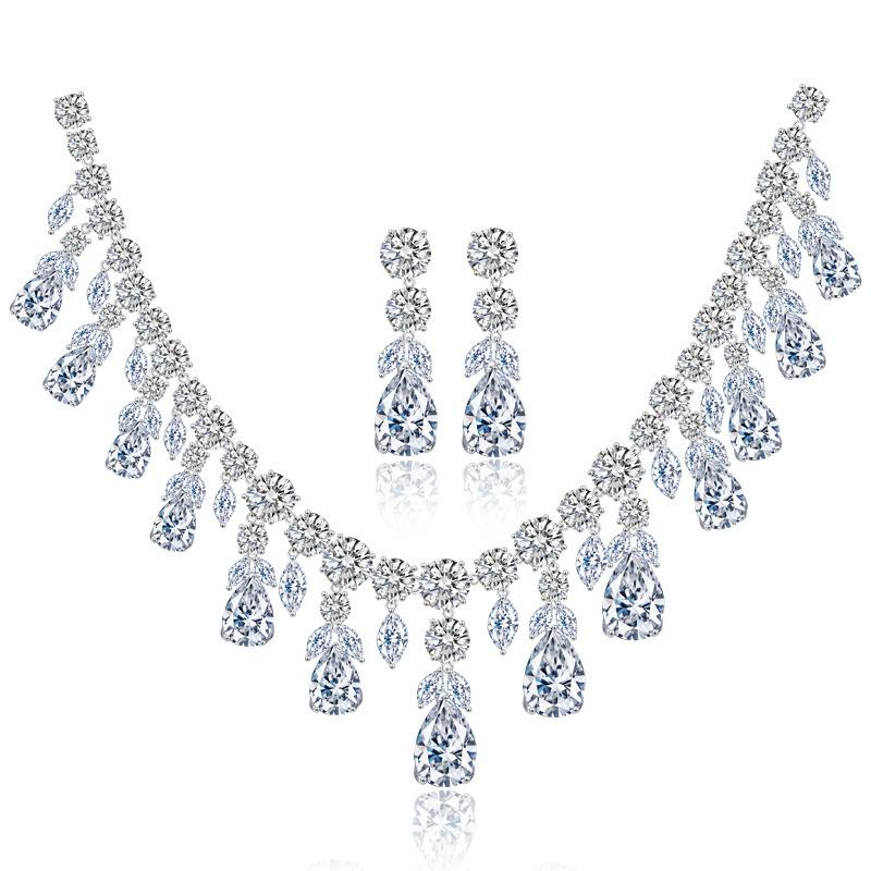 Necklace Earrings Set, Bridal Zircon Set Chain Wedding Dress Toast Dress Dinner Accessories Gift