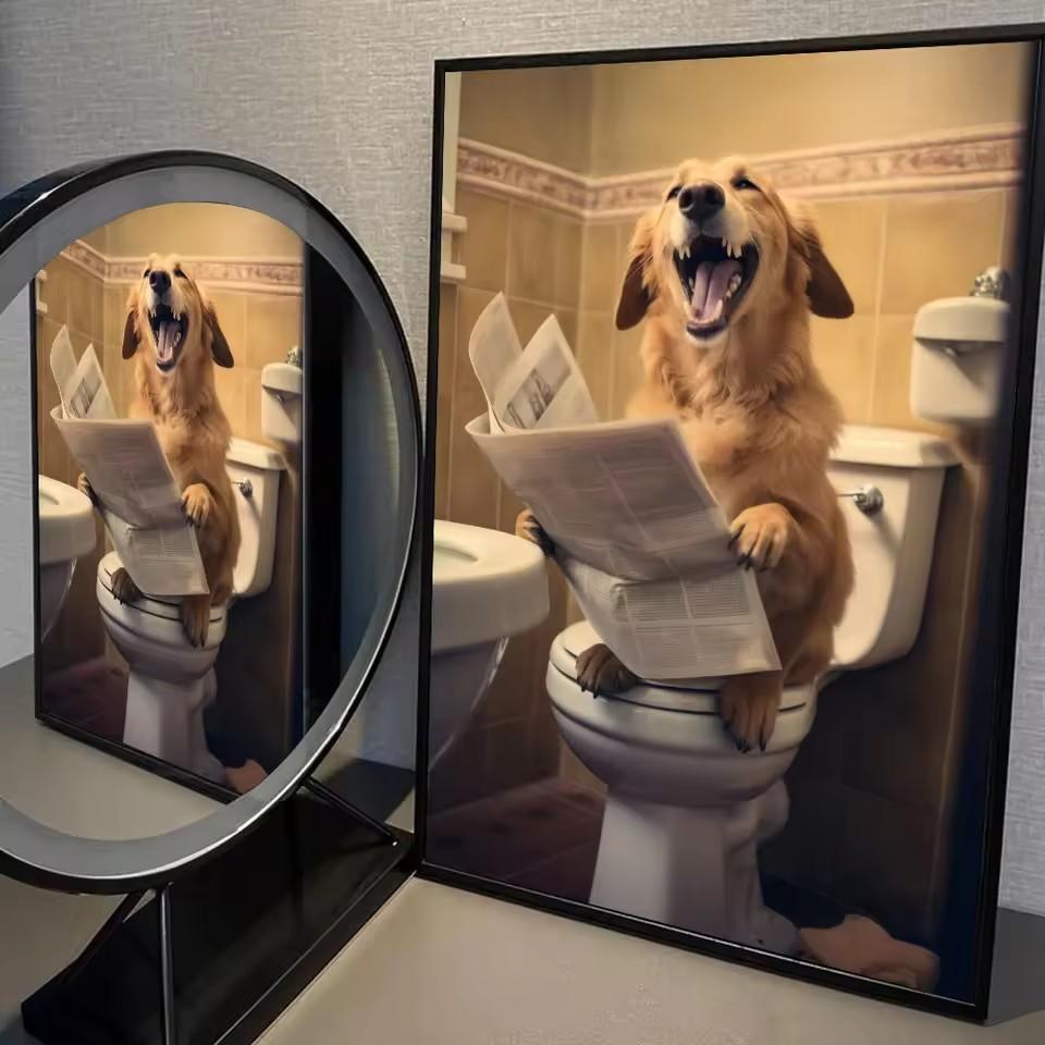 Canvas Print Wall Art for Pet Lovers,for Home Decor Bedroom,Kitchen,Living Room,Bathroom, Hotel 1pc Playful Dachshund On Toilet