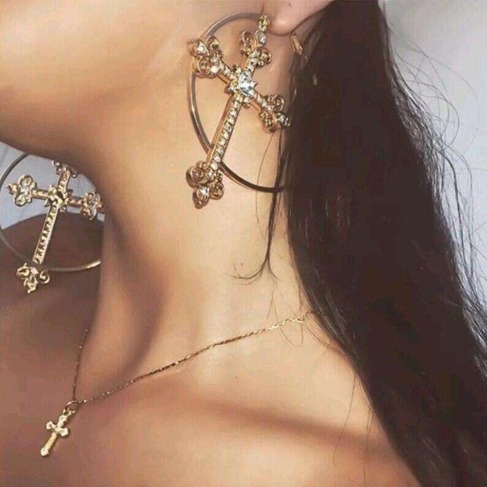 Metal Cross Earrings Bling Crystal Fashion Earring Korean Hoop Earrings  for Women