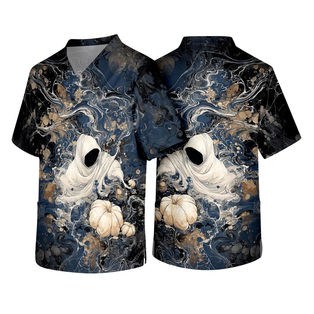 Men V Neck Short Sleeve Halloween Print Chest Pocket Scrub Top Comfortable Fit Soft Fabric Workwear Shirt