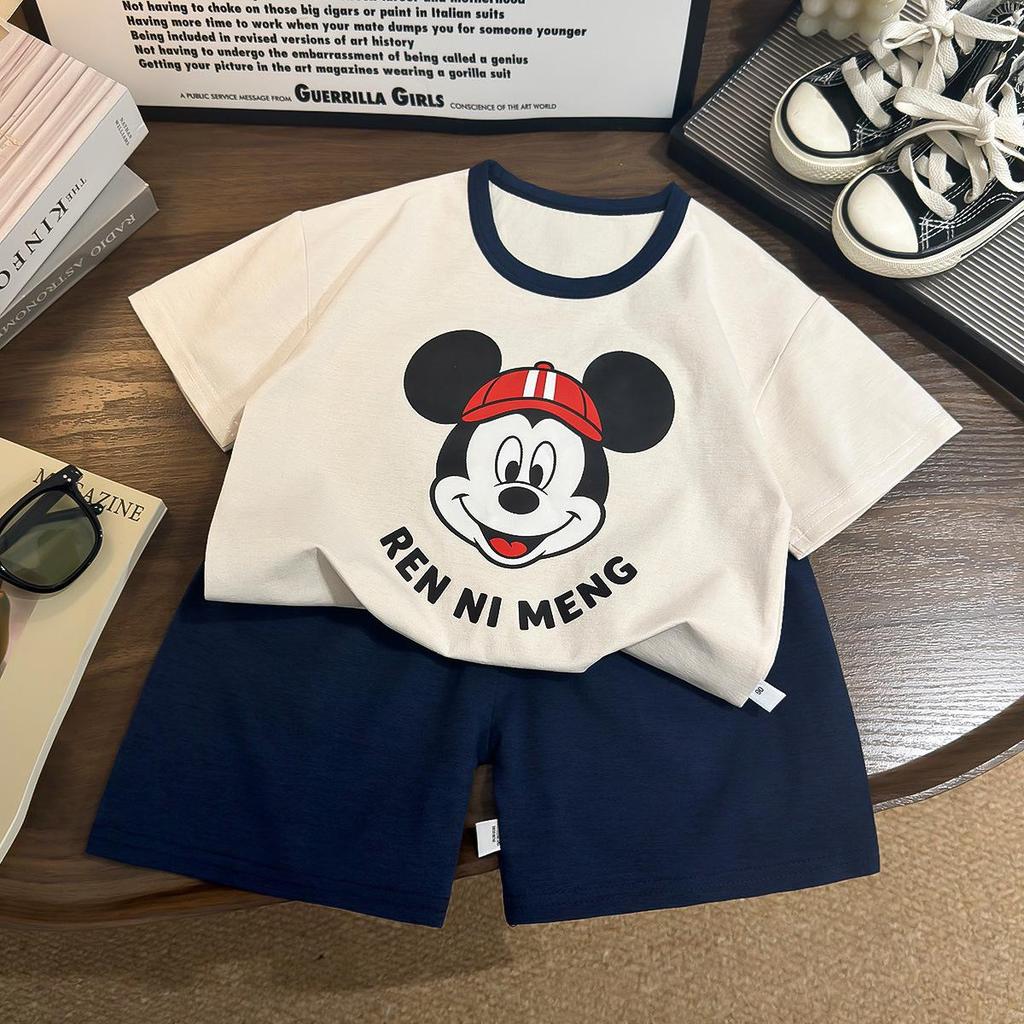 Children's Cartoon Beige Printed Hemp Cotton T-Shirt Set - Short Sleeve, Round Neck, Thin Base Layer for Boys and Girls.