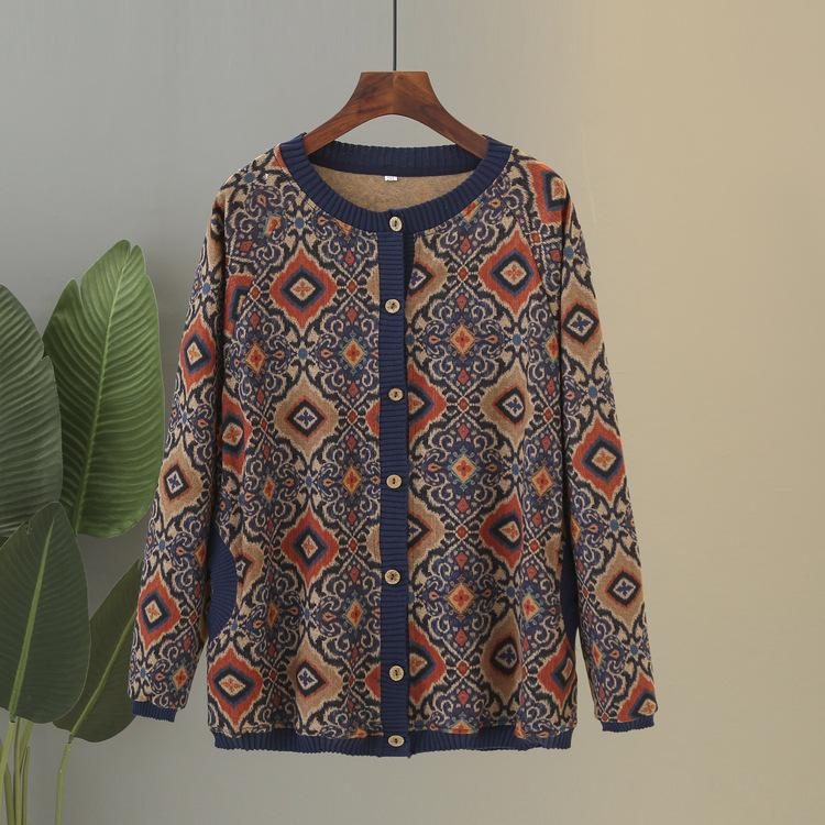 Middle-aged and Elderly Spring and Autumn Sweater Knitted Cardigan Jacket Female Mother Embroidered Round Neck Comfortable Top Old Lady