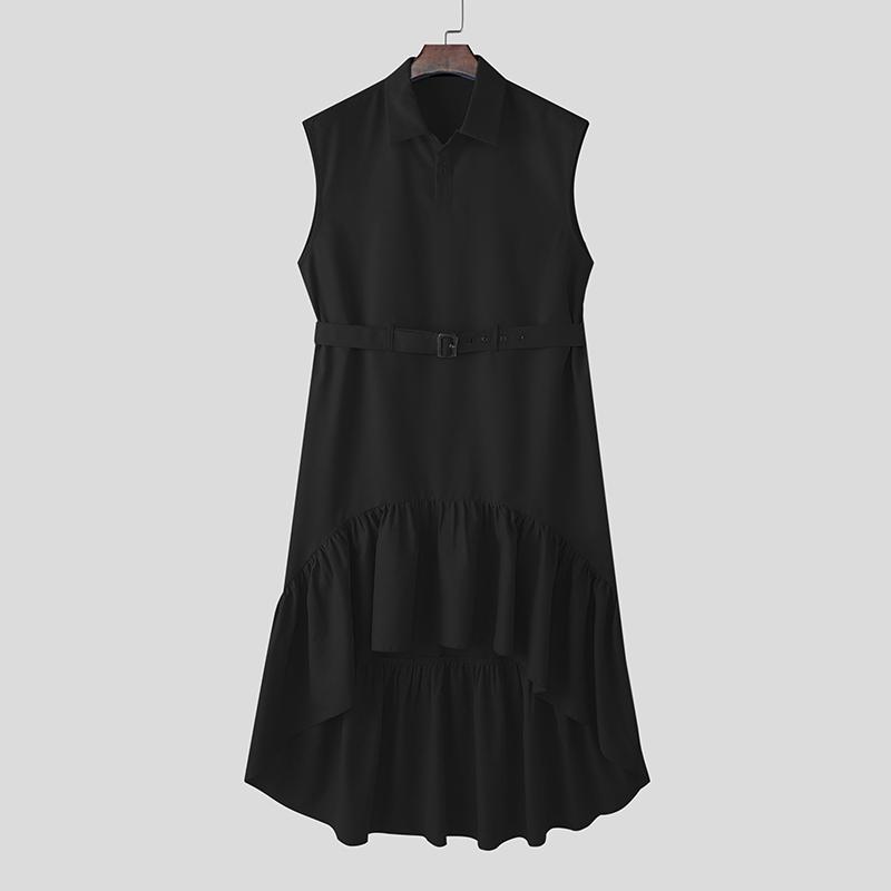 

INCERUN Мужская туника с воротником-лацканом без рукавов и поясом на талии с оборками, высокая и низкая, длинная, безрукавка XL