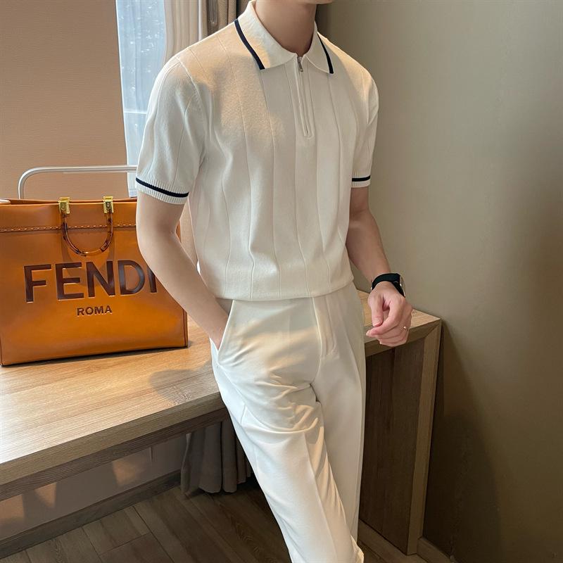 Korean Version Of Casual Semi-Zipper Polo Shirt Men'S Short-Sleeved Slim-Fitting High-End Mature Men'S Lapel Knitted Sweater