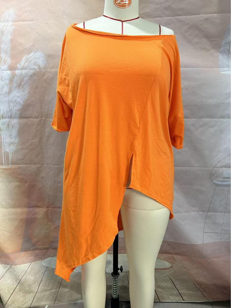 2026 Women's Solid Color Loose Fit Round Neck Irregular Hem T-Shirt