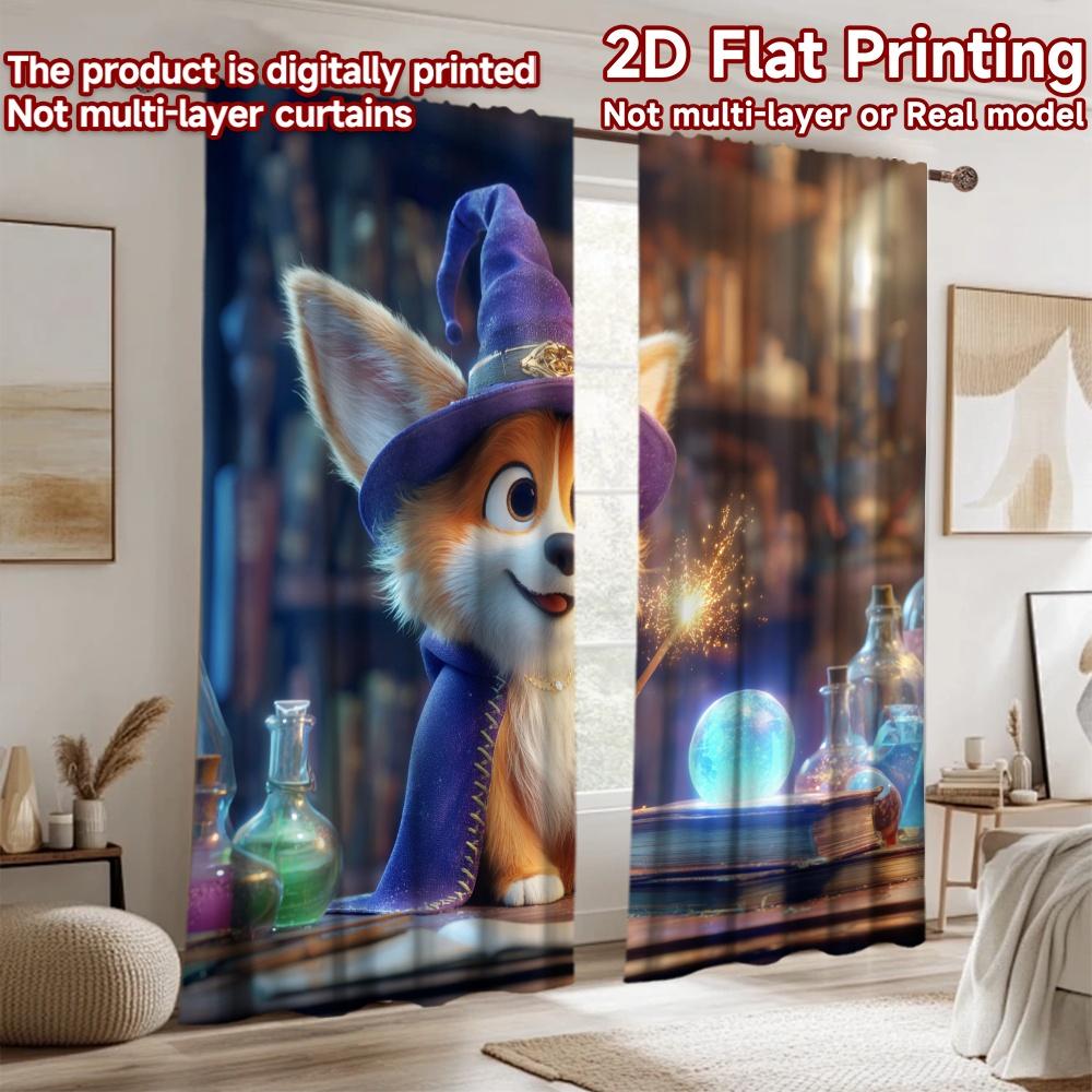 2D flat printing 2pcs Curtain Cute Corgi Wizard Magic Orb Digital Printed Polyester Drapes Family Party for Indoor Celebrations