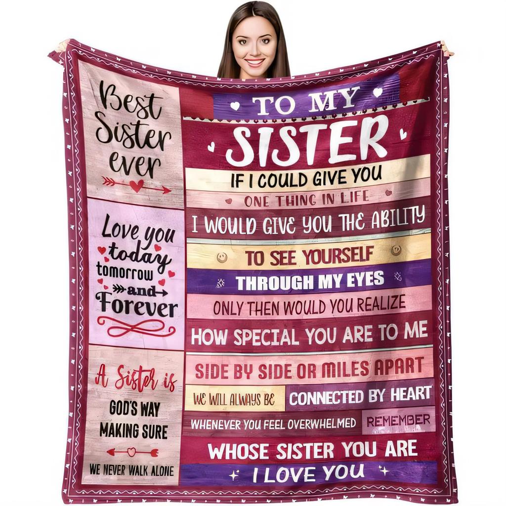 Sister Blanket with Heartfelt Message, Decorative Maroon and White Border, TO MY SISTER Blanket, Best Sister Ever Gift, Love You