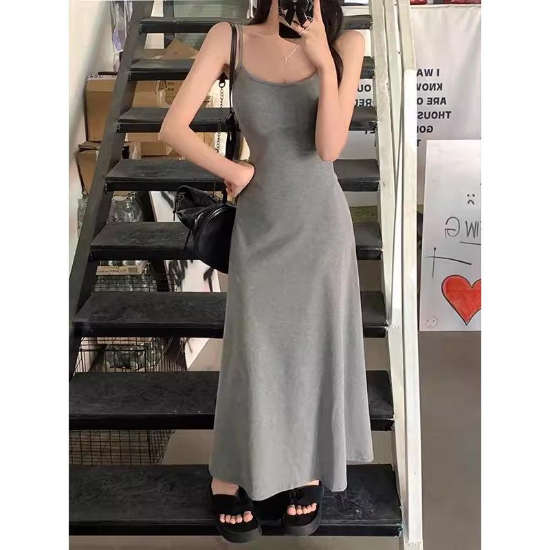 Dopamine Vacation Style Women's Clothing Korean Version Summer Clothing Temperament Waist Suspender Dress Slim and Thin Bottom Long Dress Women