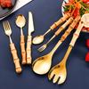 7Pcs Natural Bamboo Handle Stainless Steel Tableware Sets Flatware Set Dinnerware Steak Knife Cutlery Dessert Spoon and Fork Set