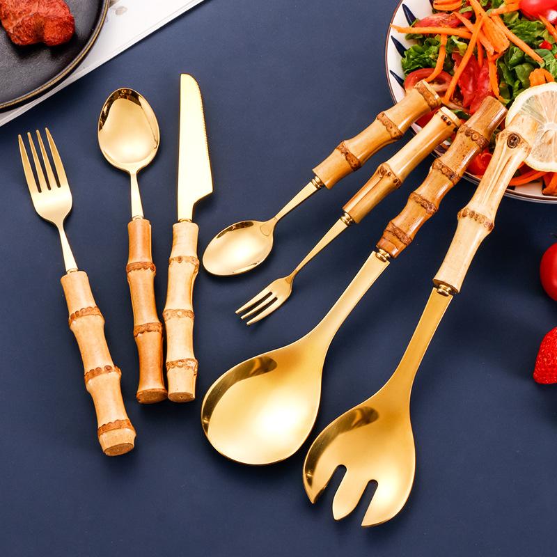 7Pcs Natural Bamboo Handle Stainless Steel Tableware Sets Flatware Set Dinnerware Steak Knife Cutlery Dessert Spoon and Fork Set