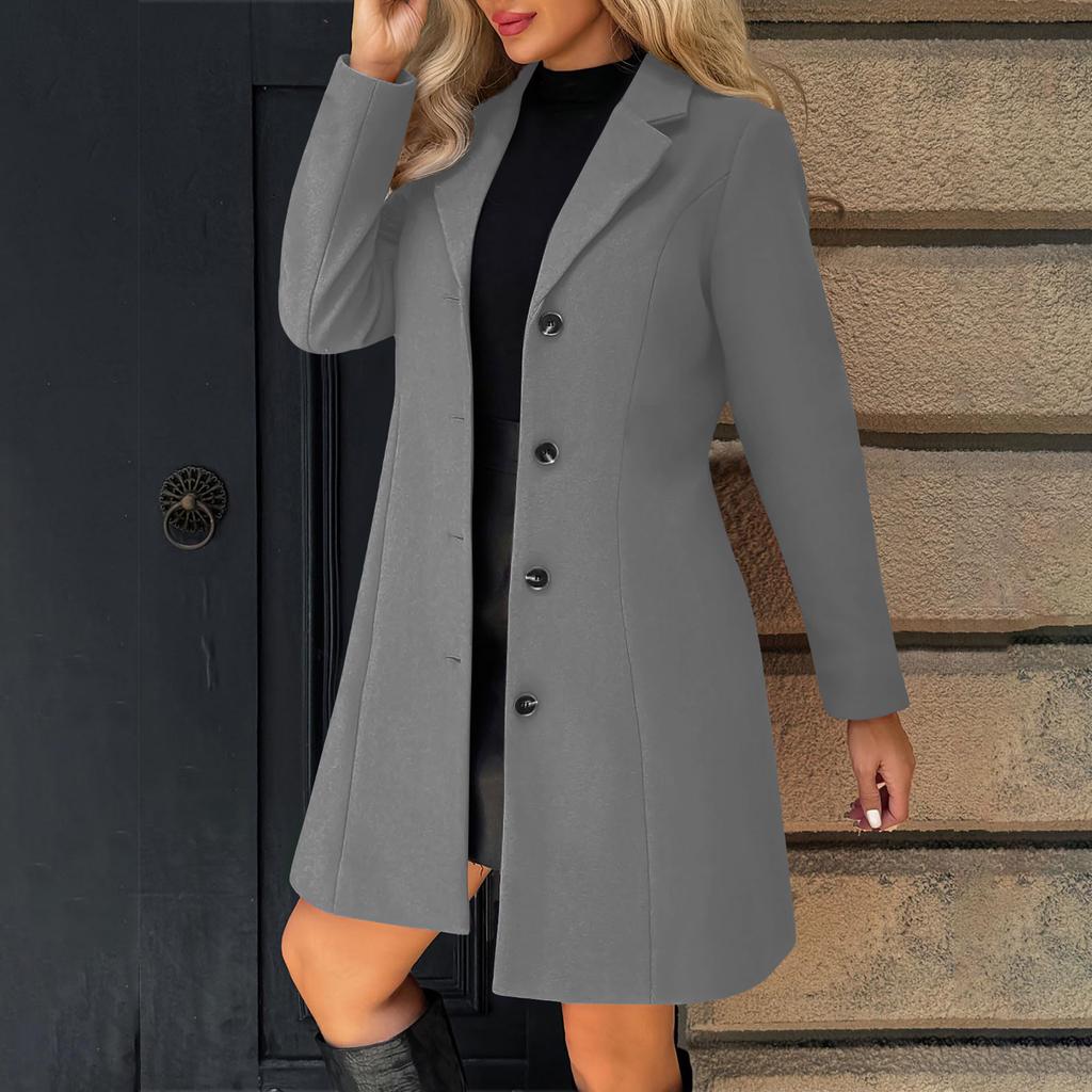 Women's Solid Color Long Sleeved Lapel Long Coat Woolen Button Coat