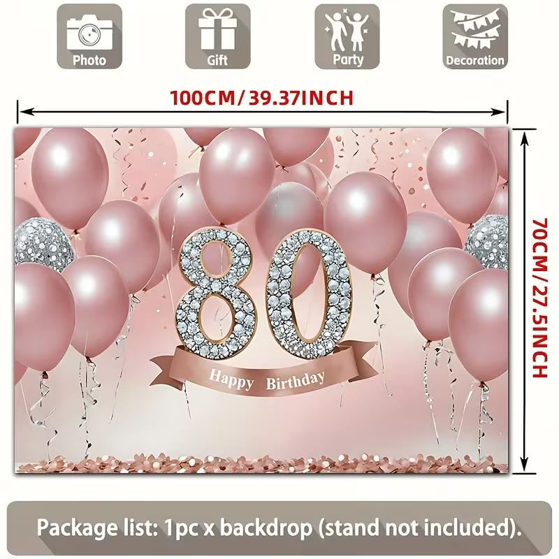 2D Rose Gold 80th Birthday Backdrop with Pink Balloons Photography Background
