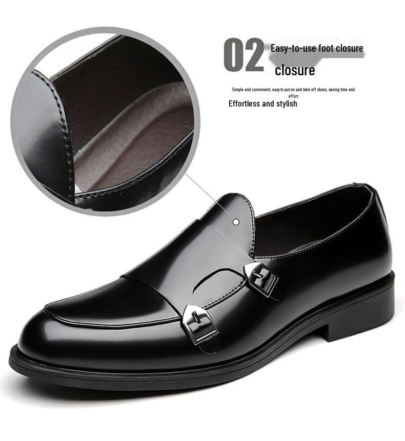 Men's Business Casual Double Buckle Pointed Toe Leather Monk Shoes - Shiny English Style Formal Footwear.