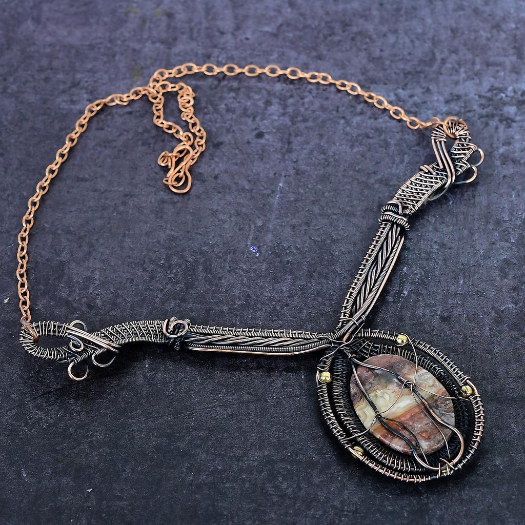 Laguna Lace Agate Gemstone Handmade Copper Wire Wrap Jewelry Necklace 18" ET-4958