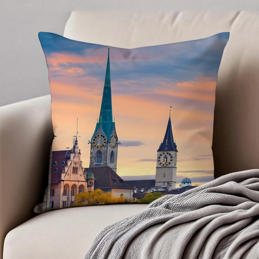 1PCS Classical LLake Zurich Cushion Cover Pillowcase Antidustmite Invisible Zipper Short Plush Sofa Cushion