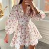 Spring New Women's Sweet Elegant Printed V-Neck Lace Short Mini Dress, European & American Style Casual Party Dress for Women