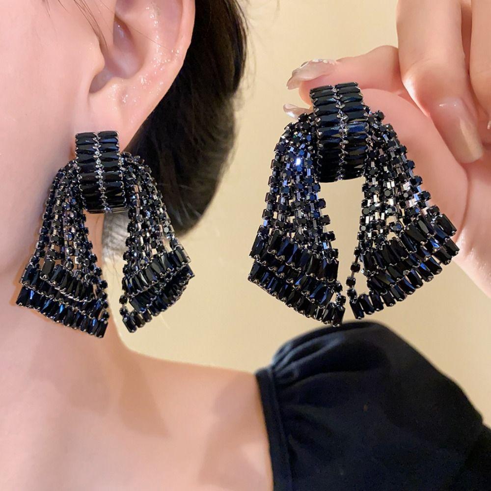 Crystal Bowknot Drop Earrings Tassel Exaggerated Earring Luxury Shining Rhinestone Earrings  Gift