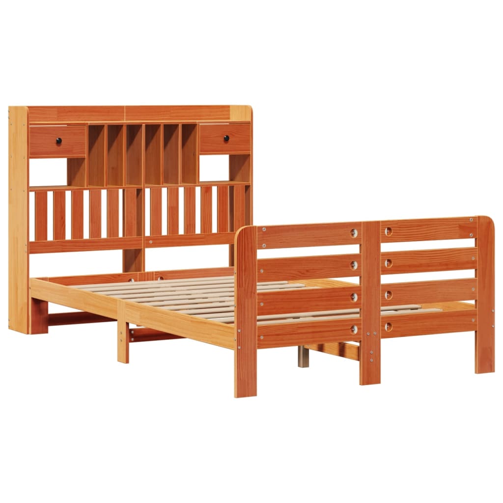 Solid Wood Bed with Shelf without Mattress Wax Brown 135 x 190 cm