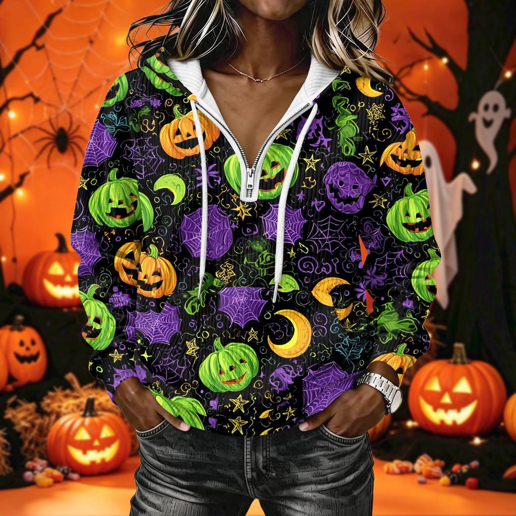Women's Casual Long Sleeve Halloween Printed Hoodie Pullover with Top