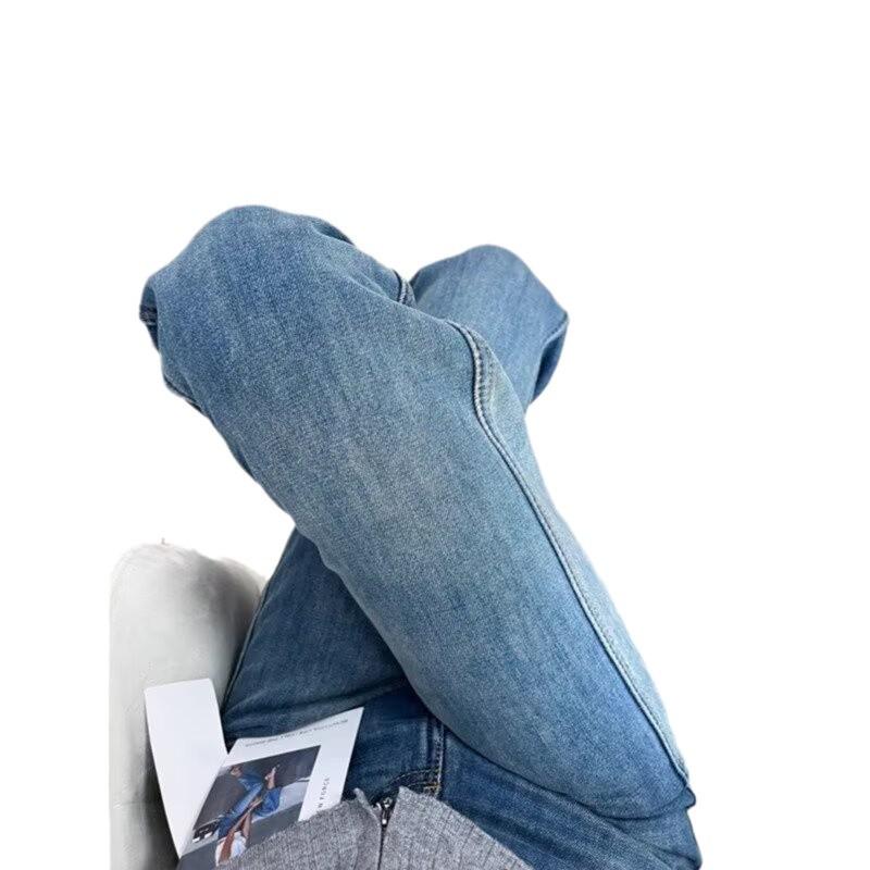 Pantaloni de damă retro albaștri, cu fleece pe interior, cu talie înaltă și picior drept, pentru toamnă și iarnă