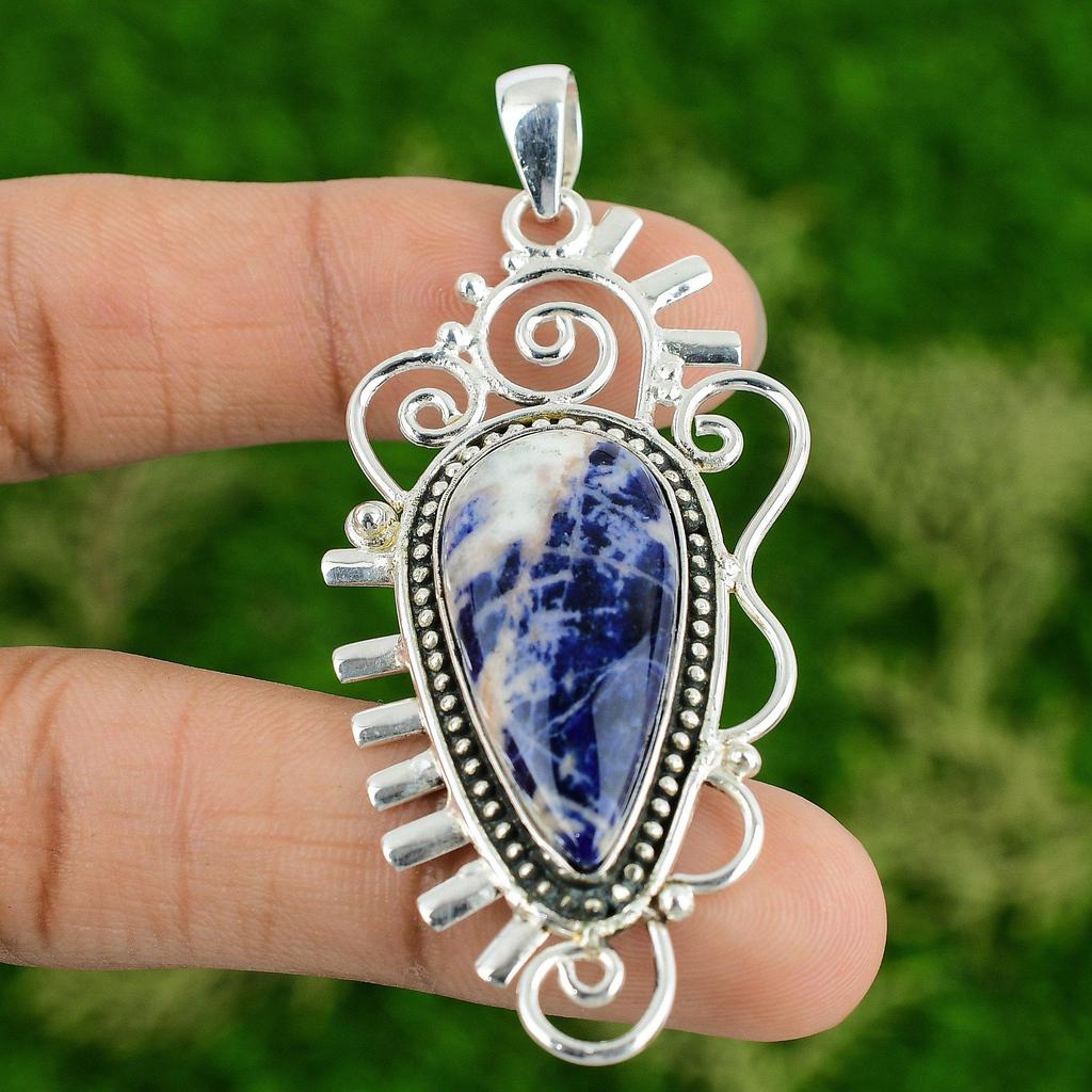Daughters Day Sale Pear Sodalite Gemstone 925 Sterling Silver Pendant Jewelry