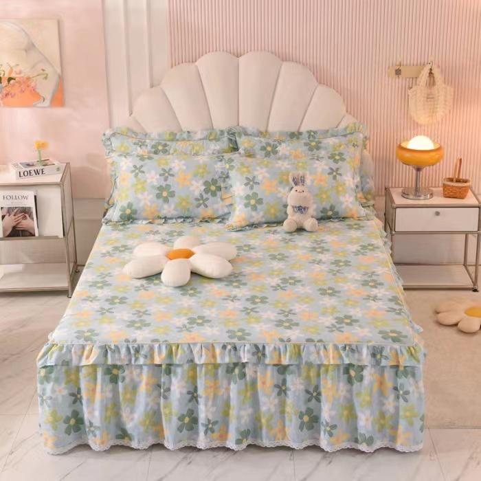3pcs Sheet Set High Grade 100% Cotton Printed Bedspread King Queen Size Cute Pure Cotton Thick Bed Skirt with 2pcs Pillowcase