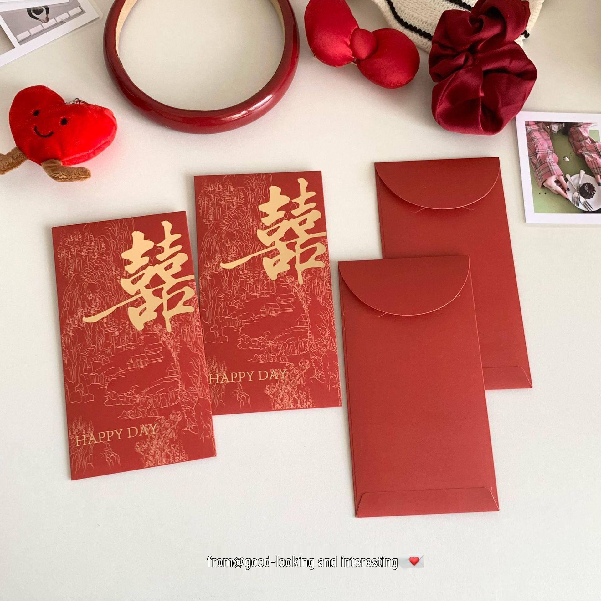 

Wedding Red Envelope: Long Style Double Happiness Gift Bag for Thousand Yuan Holds 1-20 flat hundred-yuan bills