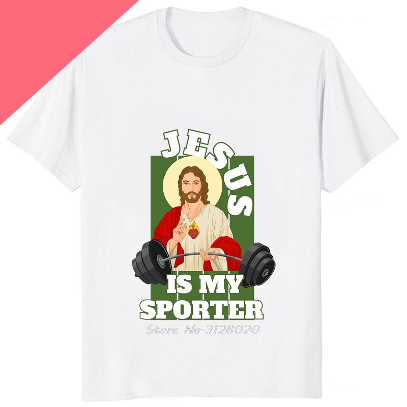 Lustiges Jesus Ist Mein Spotter Aufgedrucktes Grafik-Baumwoll-Herren-T-Shirt Humor Gewichtheben GYM T-Shirt Lässige Mode Streetwear Herren-T-Shirts
