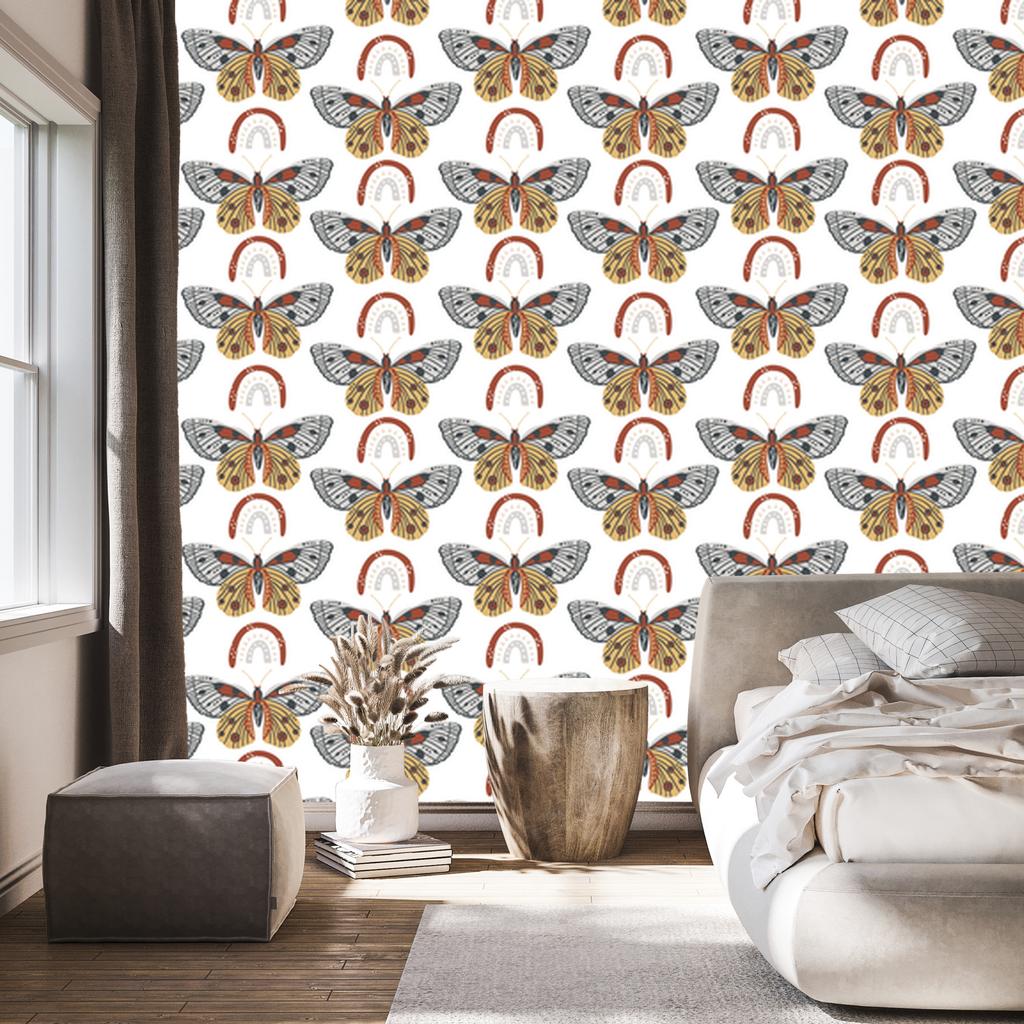 Rainbows and Butterflies Boho Wallpaper, White and Gray, for Living Room and Bedroom, 50x1000