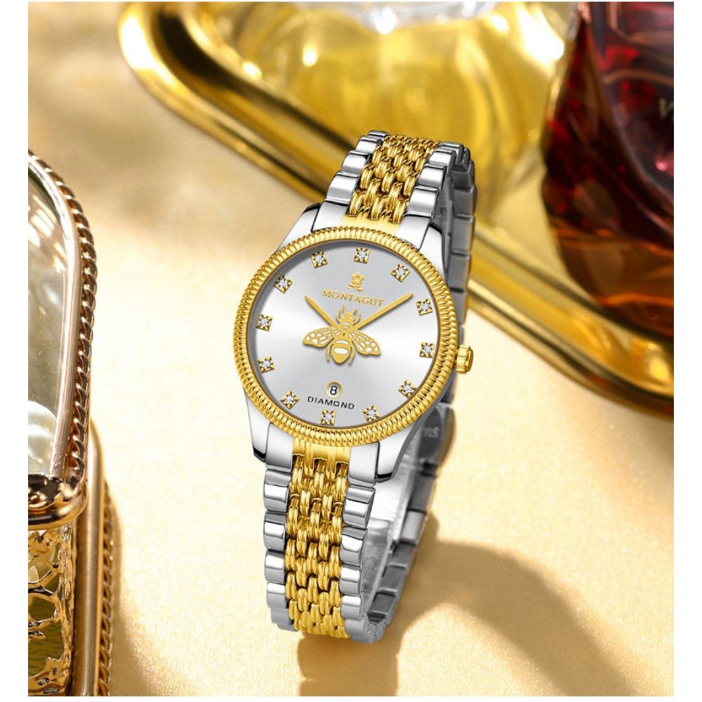 Women Quartz Wrist Watch Bee Dial Rhinestone Decor Date Window Elegant Stainless Steel Wristwatch