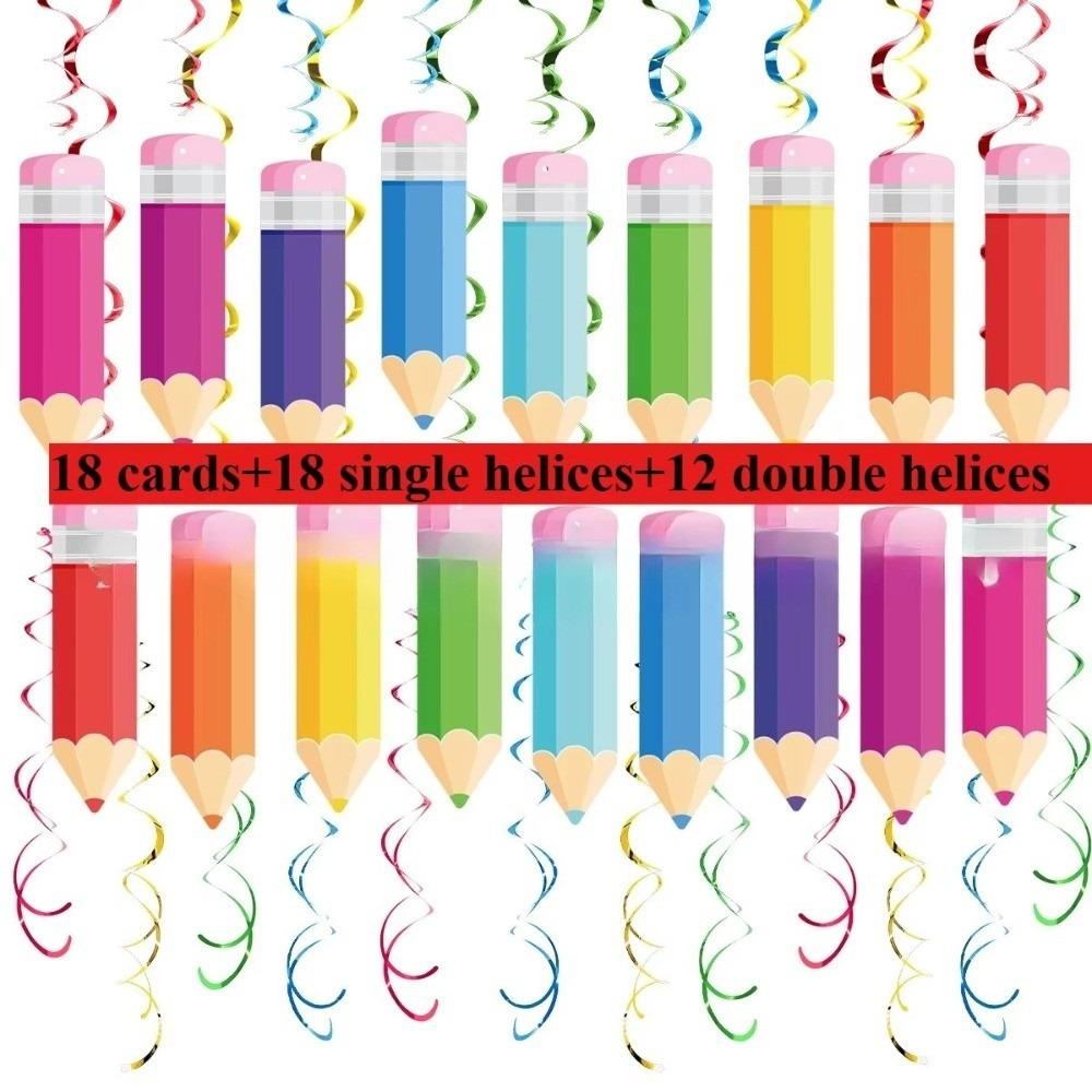 18/48Pcs Ribbons Pencil Spiral Hanging Decorations Pencils Crayon Theme Back To School Ornaments Crayon Hanging Decorations