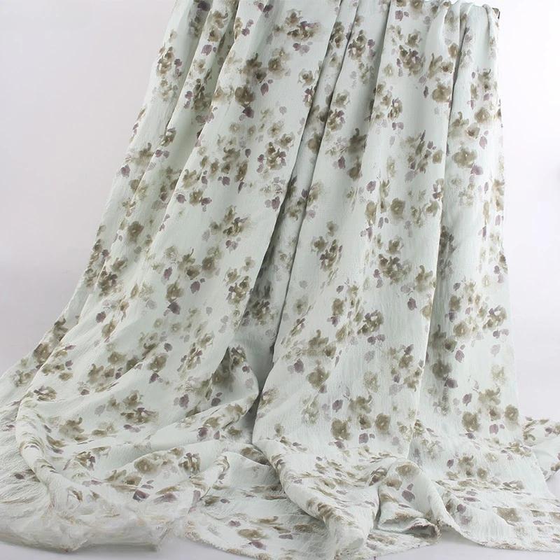 New Ink Print Floral Dress Fabric French Loose Halter Slimming Chinese Style Bubble Skirt Fabric Sewing for Clothes Dresses