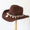Summer Raffia Wide Brim Cowboy Hat Outdoor  Sun Protection Natural Straw  Hat Hand Crochet Raffia Cowboy Chain Sun Hat