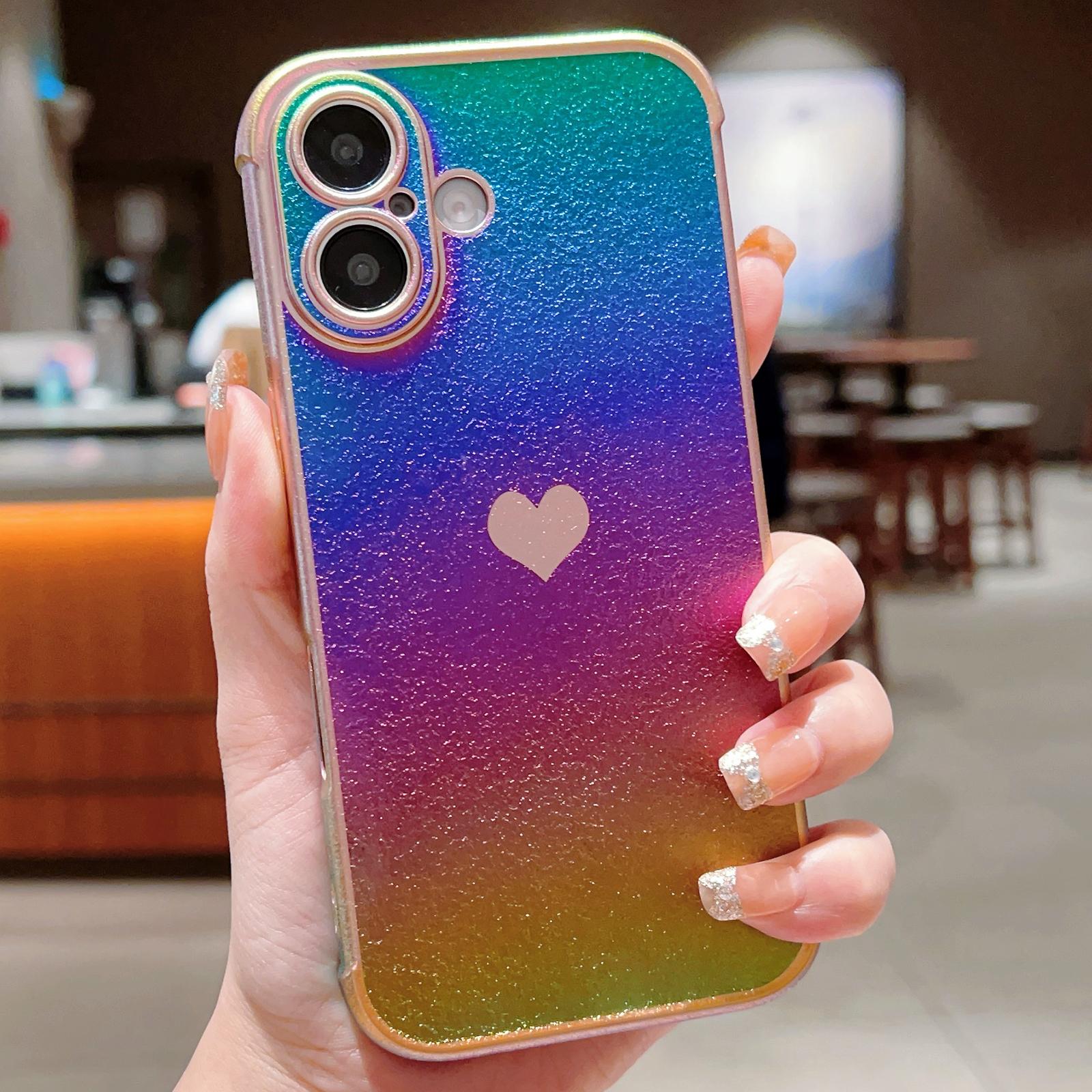 For iPhone 16 Plus Case Dazzling Design Electroplating Heart Pattern TPU Phone Cover D